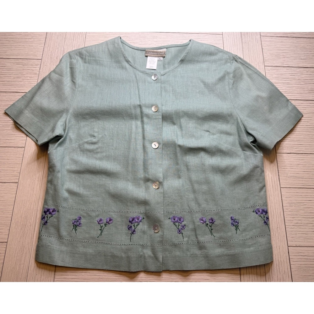 Coldwater Creek Sage Green Linen Button‎ Up Short Sleeve Blouse Embroidered PM